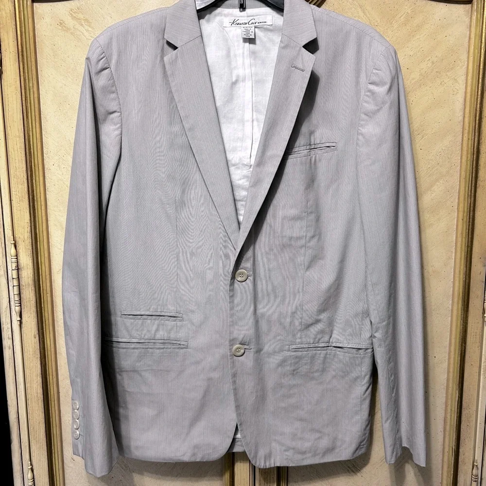 Kenneth Cole Gray Tan Off white Pinstripe Lightweight Casual Blazer Jacket